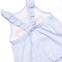 Sandy Shuffle Applique Ruffle Sunsuit, Blue