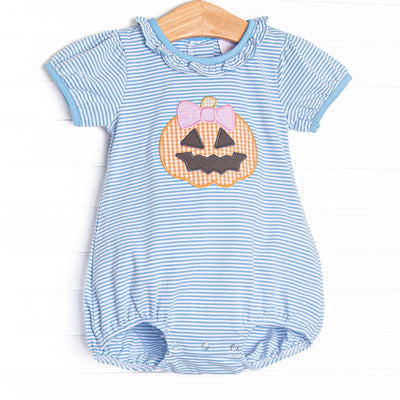This bubble features blue striped knit fabric, jack-o'-lantern applique, and short puff sleeves.