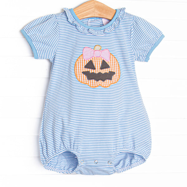This bubble features blue striped knit fabric, jack-o'-lantern applique, and short puff sleeves.