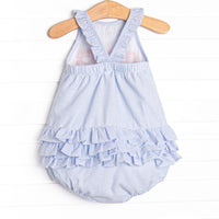 Sandy Shuffle Applique Ruffle Sunsuit, Blue
