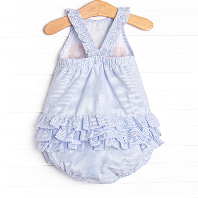 Sandy Shuffle Applique Ruffle Sunsuit, Blue