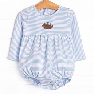  This&nbsp;bubble&nbsp;features a blue striped print,&nbsp;a football embroidery, and snaps on the stride. 
