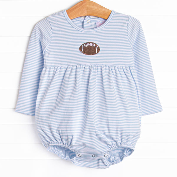  This&nbsp;bubble&nbsp;features a blue striped print,&nbsp;a football embroidery, and snaps on the stride. 