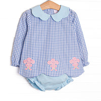 This set features blue gingham fabric, a scalloped collar, and rose applique. Coordinating blue diaper cover to match.