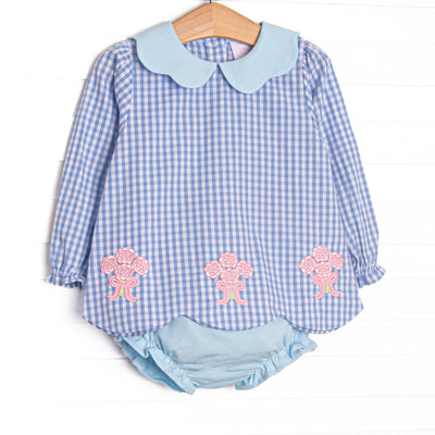 This set features blue gingham fabric, a scalloped collar, and rose applique. Coordinating blue diaper cover to match.