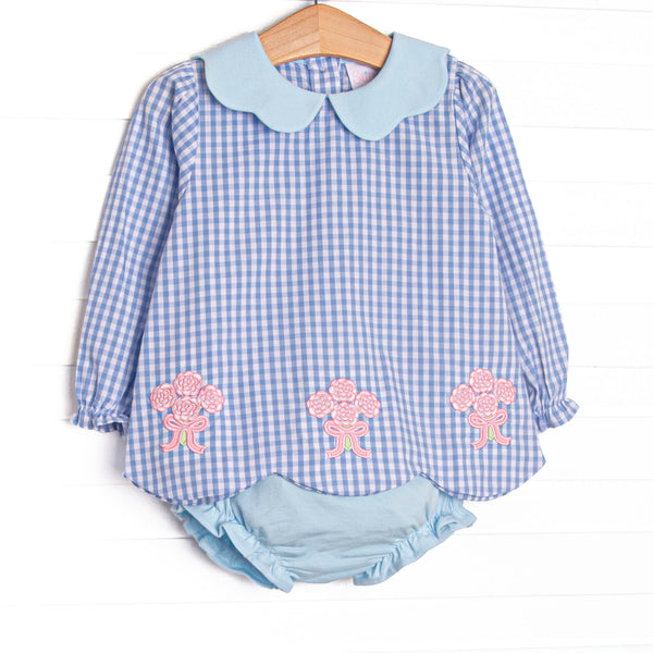 This set features blue gingham fabric, a scalloped collar, and rose applique. Coordinating blue diaper cover to match.
