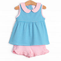 Isabella Ruffle Short Set, Light Pink and Blue Stripe