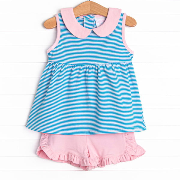 Isabella Ruffle Short Set, Light Pink and Blue Stripe