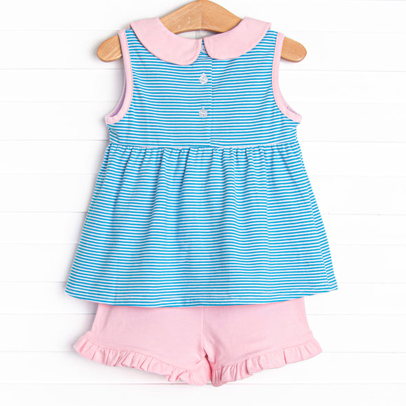 Isabella Ruffle Short Set, Light Pink and Blue Stripe