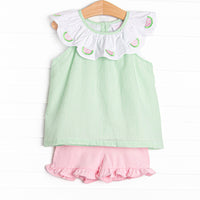 Scalloped Slices Embroidered Short Set, Green Seersucker