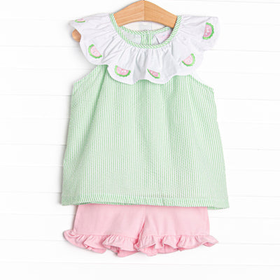 Scalloped Slices Embroidered Short Set, Green Seersucker