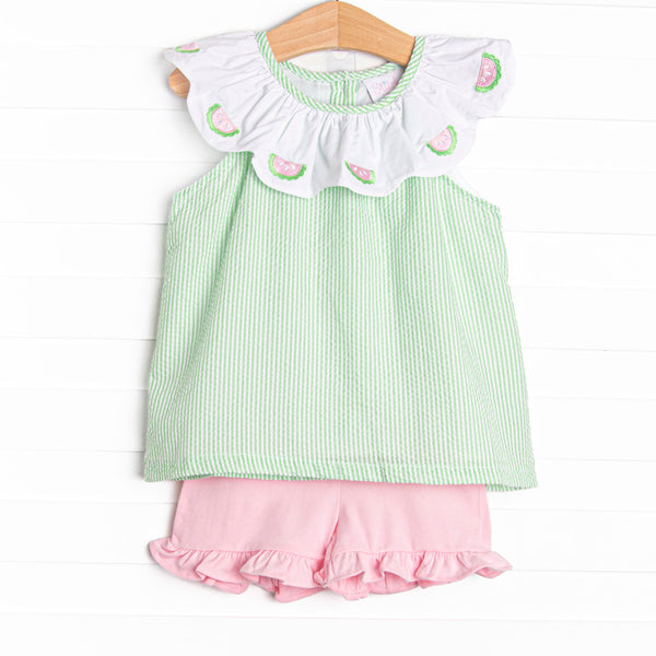 Scalloped Slices Embroidered Short Set, Green Seersucker
