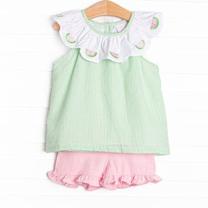 Scalloped Slices Embroidered Short Set, Green Seersucker