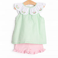 Scalloped Slices Embroidered Short Set, Green Seersucker