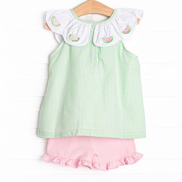 Scalloped Slices Embroidered Short Set, Green Seersucker