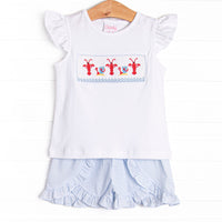 Maine-land Lobster Smocked Ruffle Short Set, Blue Seersucker
