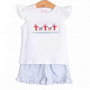 Maine-land Lobster Smocked Ruffle Short Set, Blue Seersucker