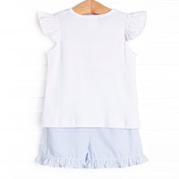 Maine-land Lobster Smocked Ruffle Short Set, Blue Seersucker