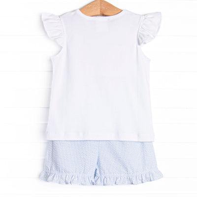 Maine-land Lobster Smocked Ruffle Short Set, Blue Seersucker