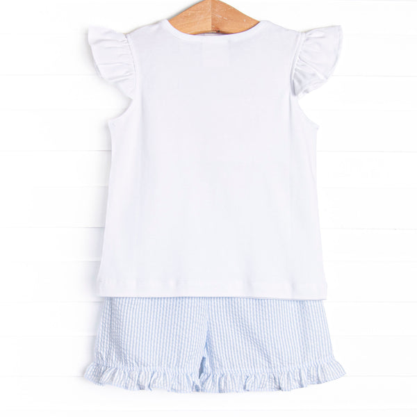 Maine-land Lobster Smocked Ruffle Short Set, Blue Seersucker