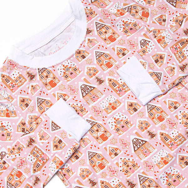 Gingerbread Village Bamboo Pajama Set, Pink