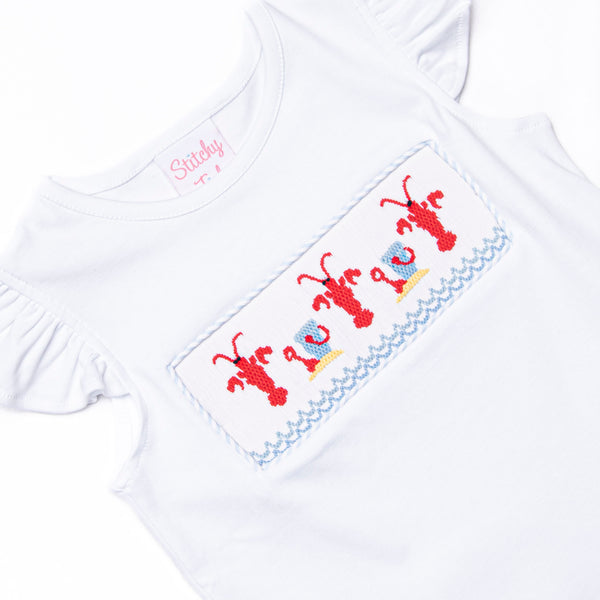 Maine-land Lobster Smocked Ruffle Short Set, Blue Seersucker