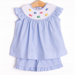 Fish Frenzy Smocked Ruffle Short Set, Blue