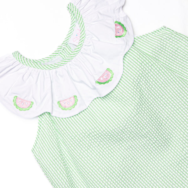 Scalloped Slices Embroidered Short Set, Green Seersucker