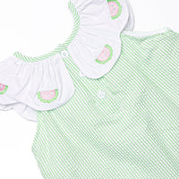 Scalloped Slices Embroidered Short Set, Green Seersucker