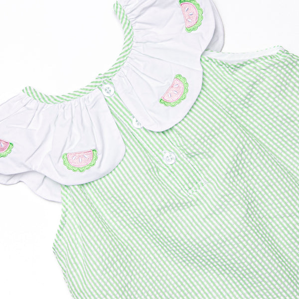 Scalloped Slices Embroidered Short Set, Green Seersucker