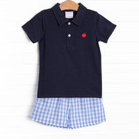 A+ Apple Embroidered Short Set, Blue