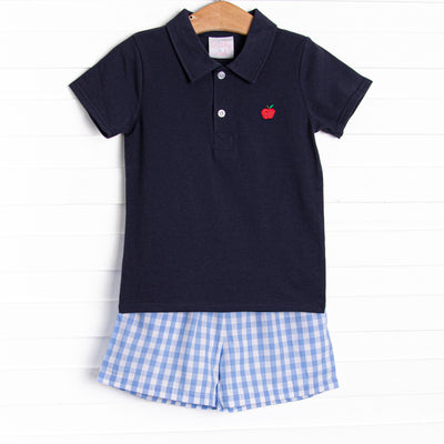 A+ Apple Embroidered Short Set, Blue