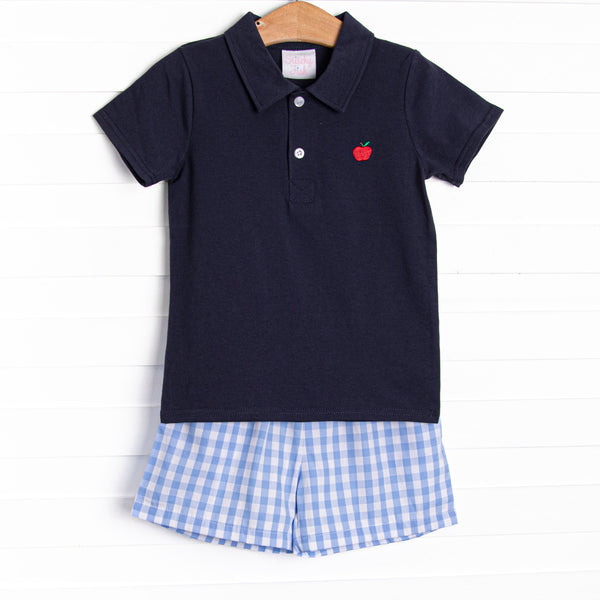 A+ Apple Embroidered Short Set, Blue