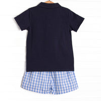 A+ Apple Embroidered Short Set, Blue