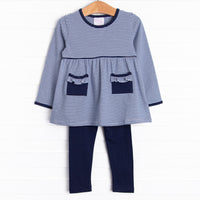 The set features soft knit material, sweet navy blue stripes, and coordinating navy leggings to match.