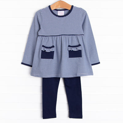 The set features soft knit material, sweet navy blue stripes, and coordinating navy leggings to match.