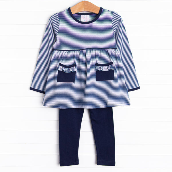 The set features soft knit material, sweet navy blue stripes, and coordinating navy leggings to match.