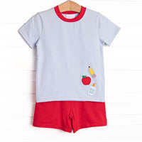 Elementary Essentials Applique Short Set, Blue Stripe