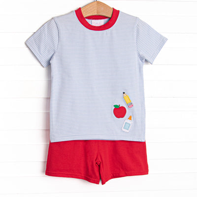 Elementary Essentials Applique Short Set, Blue Stripe