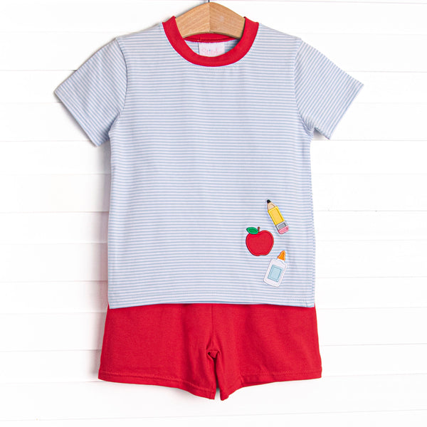 Elementary Essentials Applique Short Set, Blue Stripe