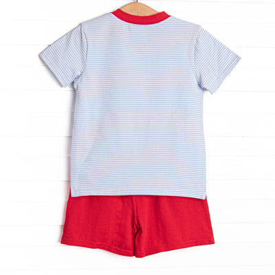 Elementary Essentials Applique Short Set, Blue Stripe