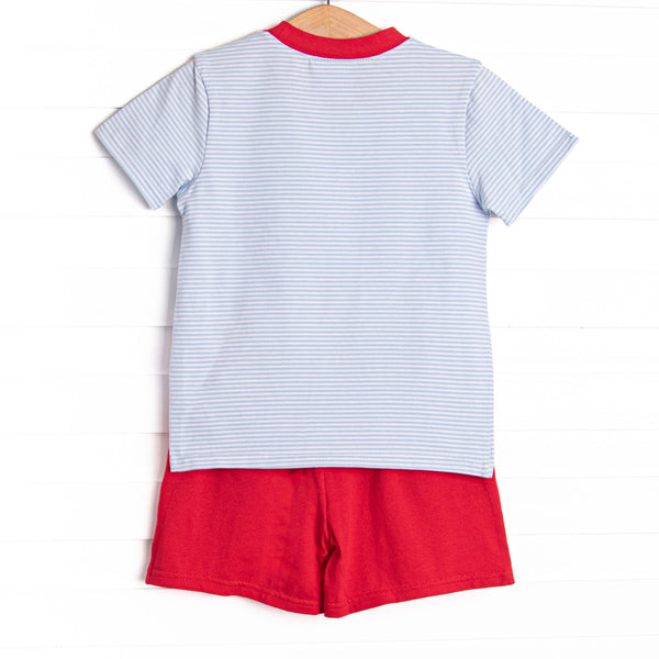 Elementary Essentials Applique Short Set, Blue Stripe