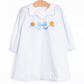 Precious Pumpkins Embroidered Dress, Blue Bitty Dot