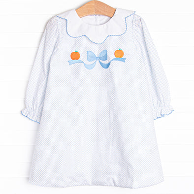 Precious Pumpkins Embroidered Dress, Blue Bitty Dot