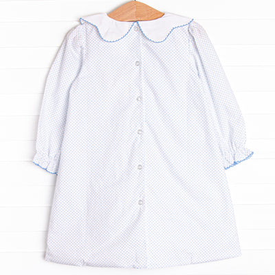 Precious Pumpkins Embroidered Dress, Blue Bitty Dot