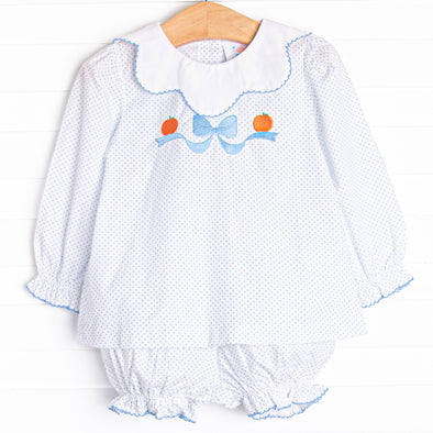 Precious Pumpkins Embroidered Bloomer Set, Blue Bitty Dot