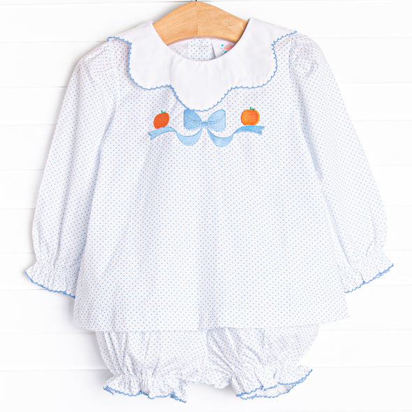 Precious Pumpkins Embroidered Bloomer Set, Blue Bitty Dot