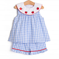 A+ Apple Embroidered Ruffle Short Set, Blue
