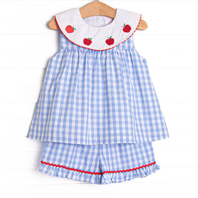 A+ Apple Embroidered Ruffle Short Set, Blue