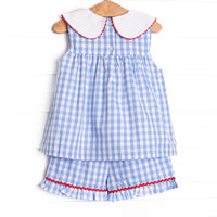 A+ Apple Embroidered Ruffle Short Set, Blue